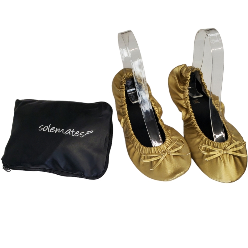 Solemates Purse Pals Foldable Slip On Ballet Flats with Carrying Tote Gold Sz M